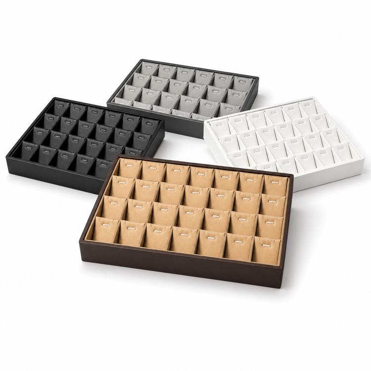 28-slot pendant necklace display trays in black, white, silver and champagne gold