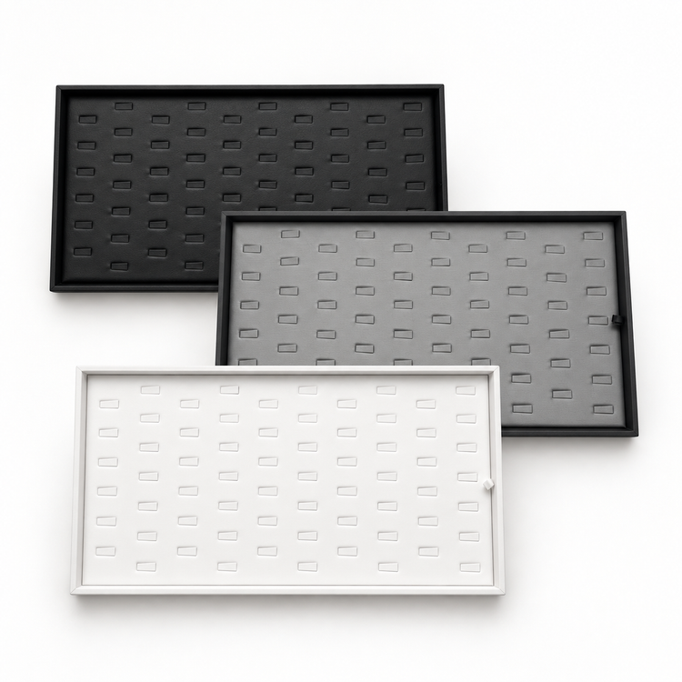 Black, gray and white 56-slot ring display trays