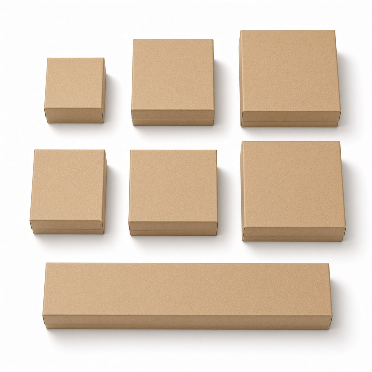 Seven kraft paper custom magnetic jewelry box sizes on a pure white background
