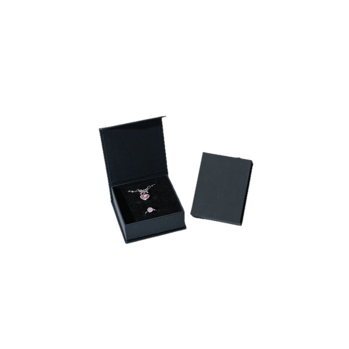 Black cardstock magnetic jewelry box on a pure white background
