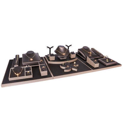 Black & Beige PU Leather Jewelry Display Set - Modular Counter Stand with Busts, Ring, Earring & Bracelet Holders
