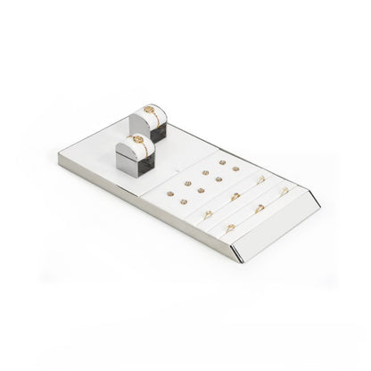 White PU Leather Jewelry Display Tray with Shiny Metal Frame - Modular Counter Organizer for Necklaces, Rings & Earrings