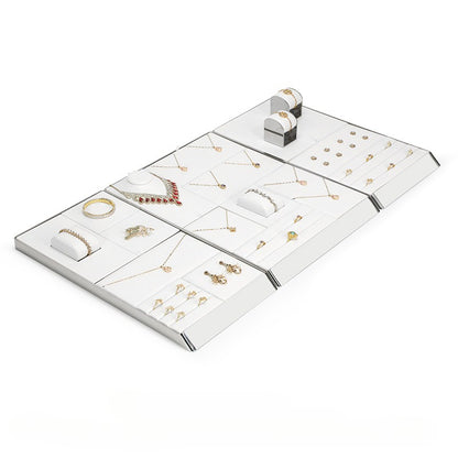 White PU Leather Jewelry Display Tray with Shiny Metal Frame - Modular Counter Organizer for Necklaces, Rings & Earrings