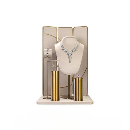 Beige Velvet Jewelry Display Set with Gold Metal Base - Complete Stand for Necklaces, Earrings, Rings & Bracelets