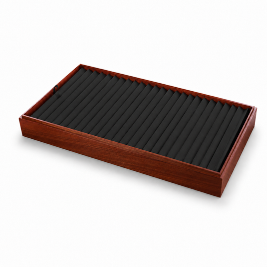 24-slot wooden bracelet display tray with black padded inserts and brown wood frame
