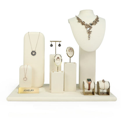 Beige Velvet Jewelry Display Set with Gold Metal Accents - Complete Retail Stand with Busts, Ring, Earring & Bracelet Holders