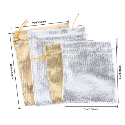 100PCS 7x9 9x12cm Jewelry Packaging Bags Gold Foil Cloth Drawstring Candy Bags Adjustable Gift Packaging Bags for Packaging, Organizing, Storage