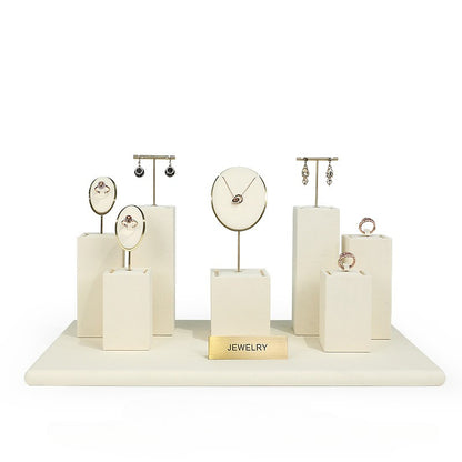 Beige Velvet Jewelry Display Set with Gold Metal Accents - Complete Retail Stand with Busts, Ring, Earring & Bracelet Holders
