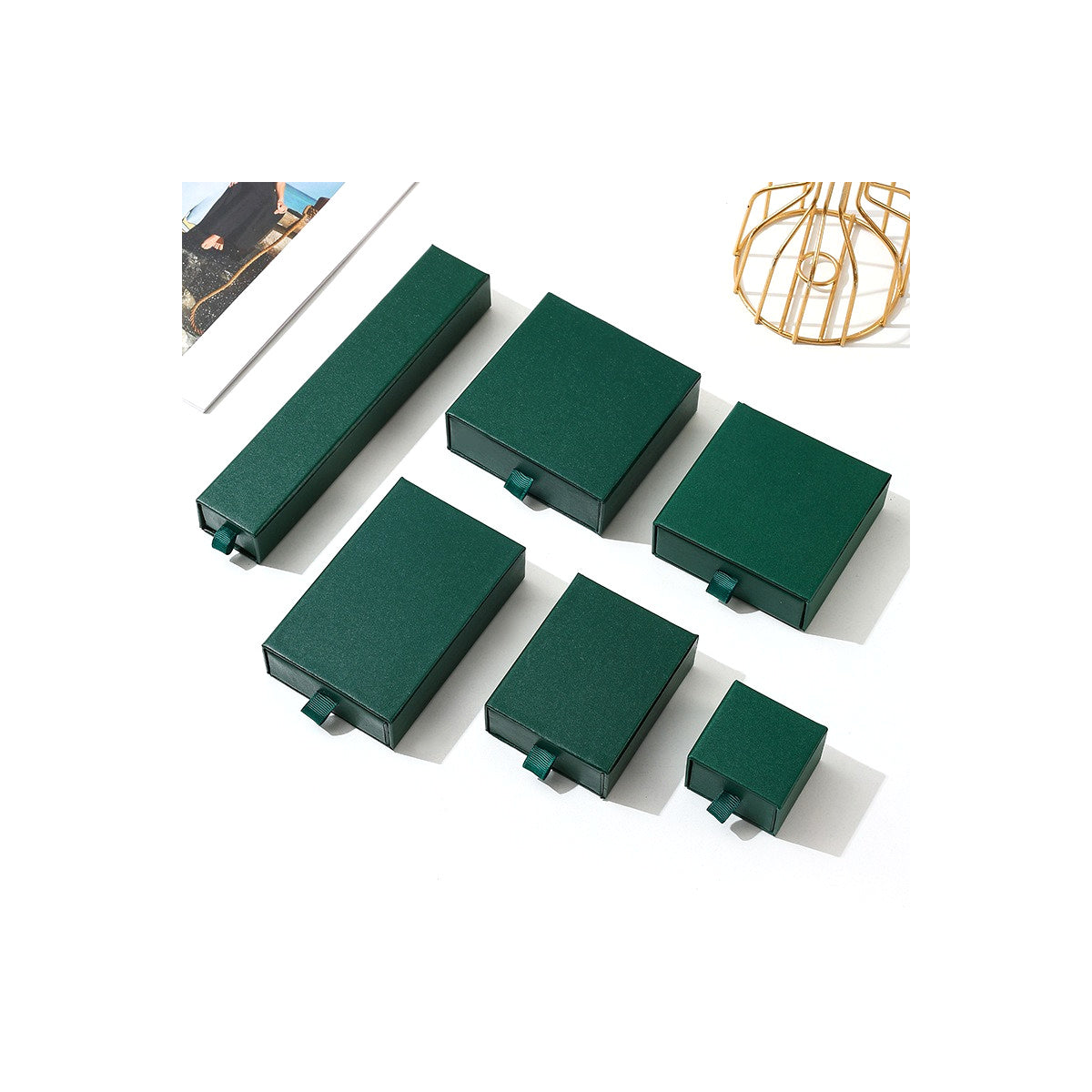 Dark Green (Orange-Peel Texture) sliding drawer jewelry boxes in six verified sizes