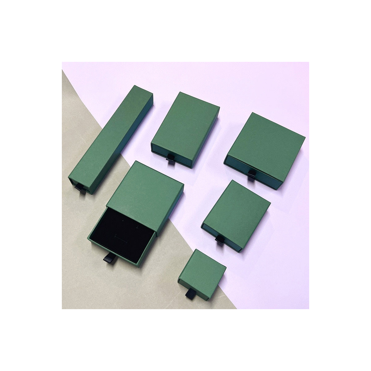 Green sliding drawer jewelry boxes in six verified sizes