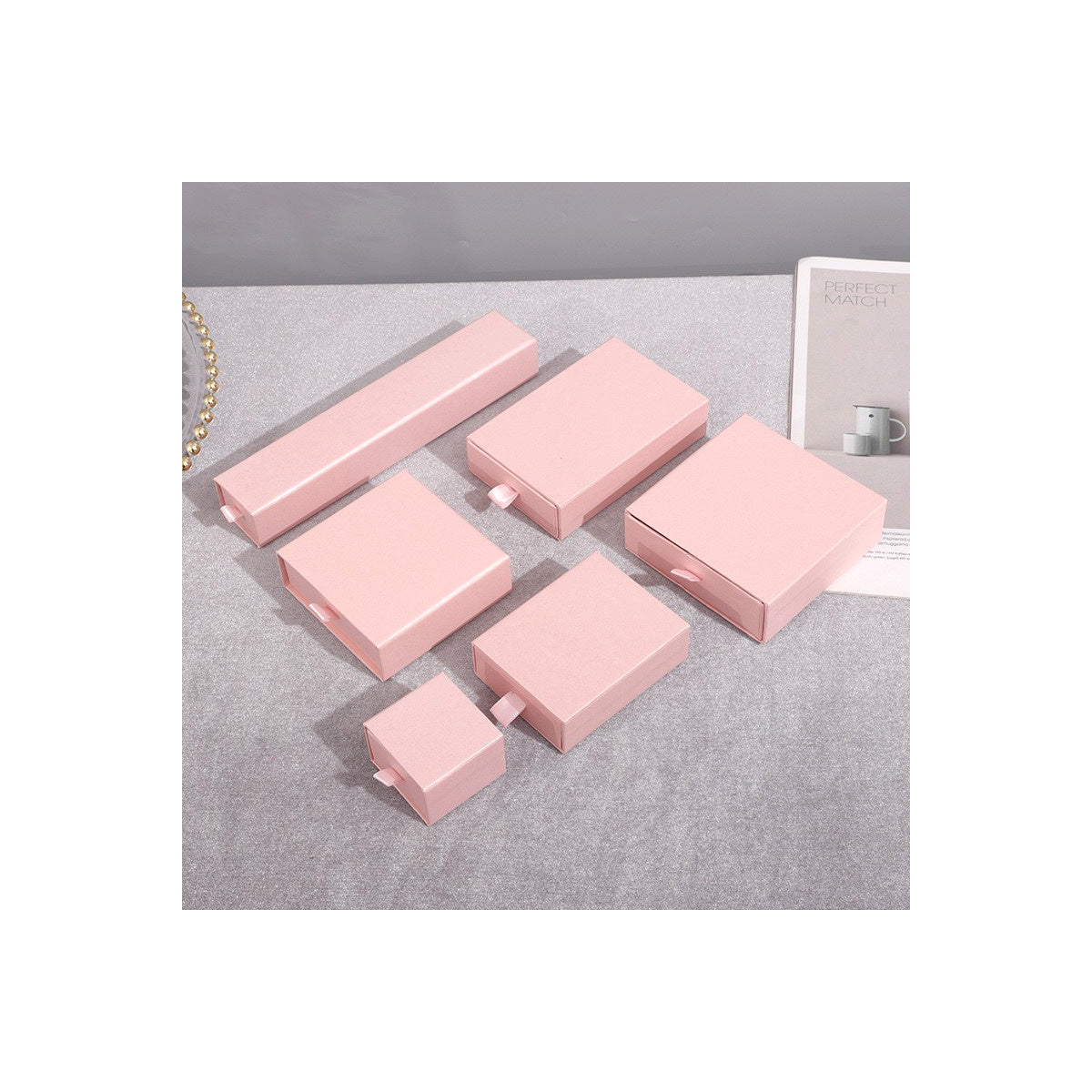 Light Pink sliding drawer jewelry boxes in six verified sizes