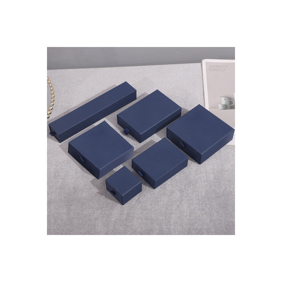Navy Blue sliding drawer jewelry boxes in six verified sizes