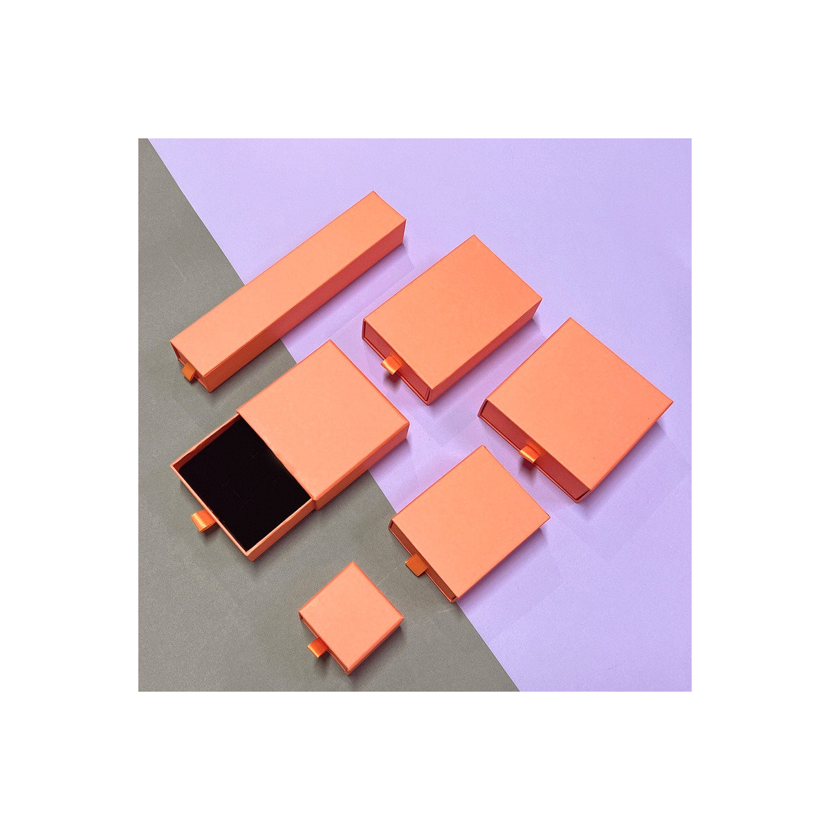 Orange sliding drawer jewelry boxes in six verified sizes