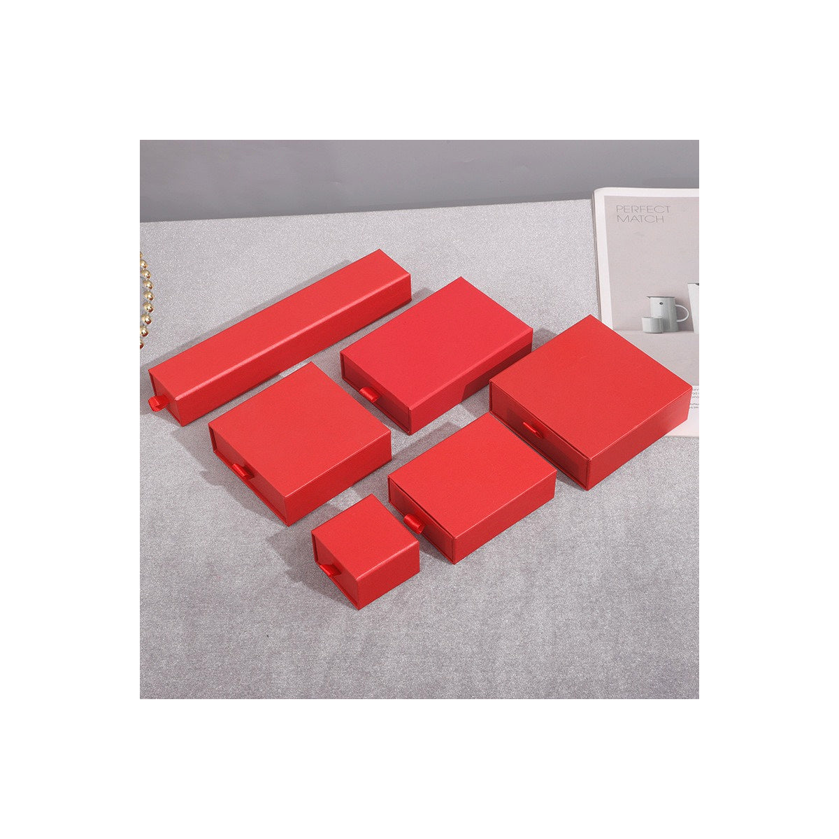 Pearl Red sliding drawer jewelry boxes in six verified sizes