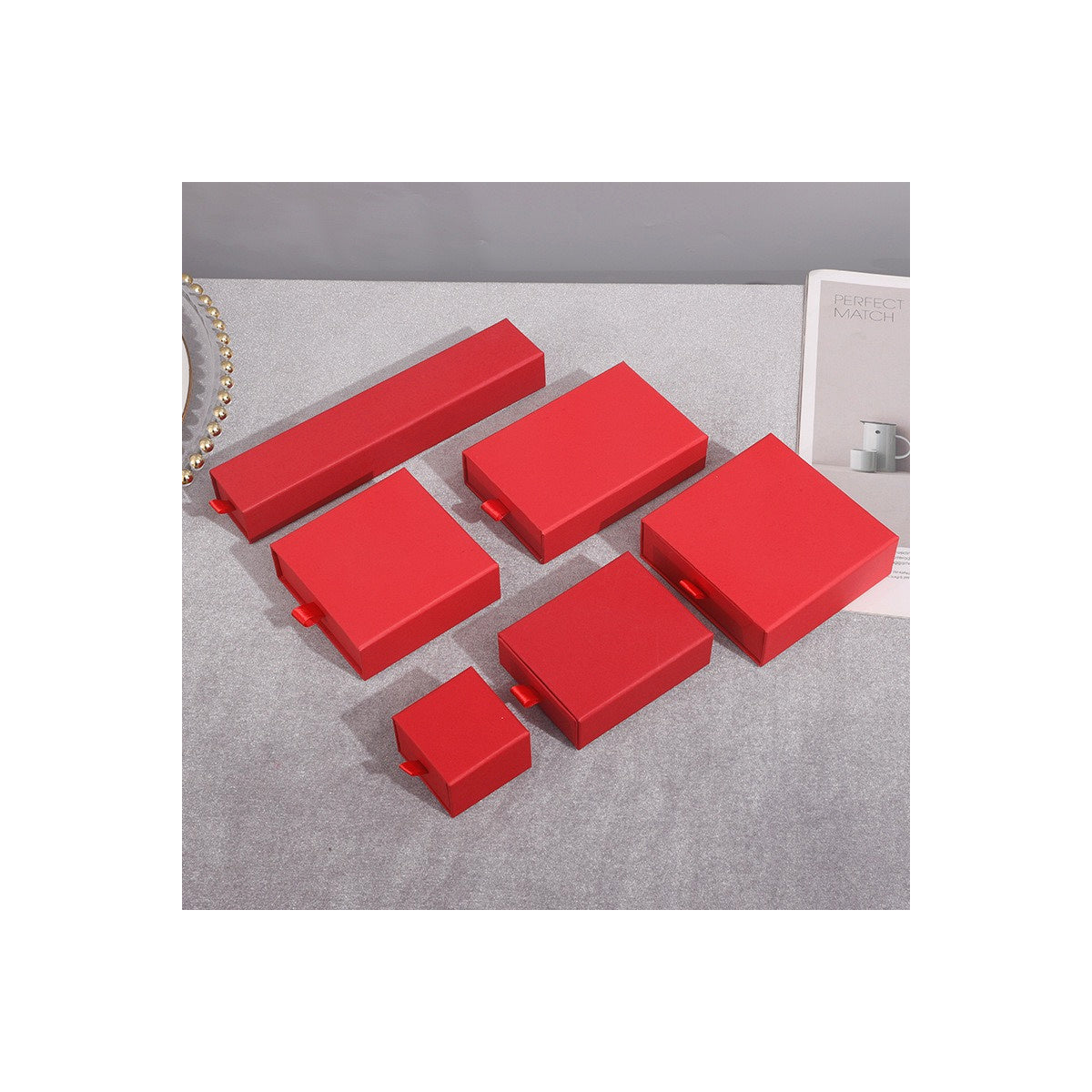 Red sliding drawer jewelry boxes in six verified sizes