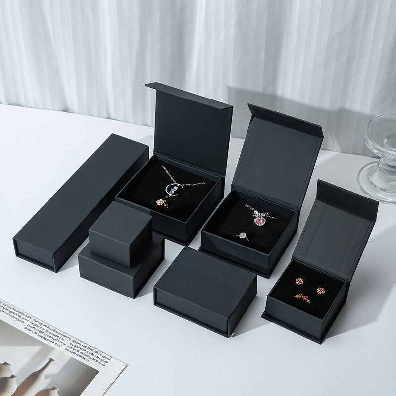 Custom black cardstock magnetic jewelry box size and product view