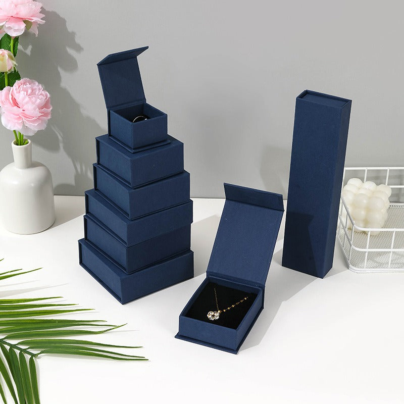 Custom deep navy magnetic jewelry box size and product view