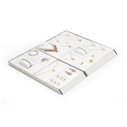 White PU Leather Jewelry Display Tray with Shiny Metal Frame - Modular Counter Organizer for Necklaces, Rings & Earrings