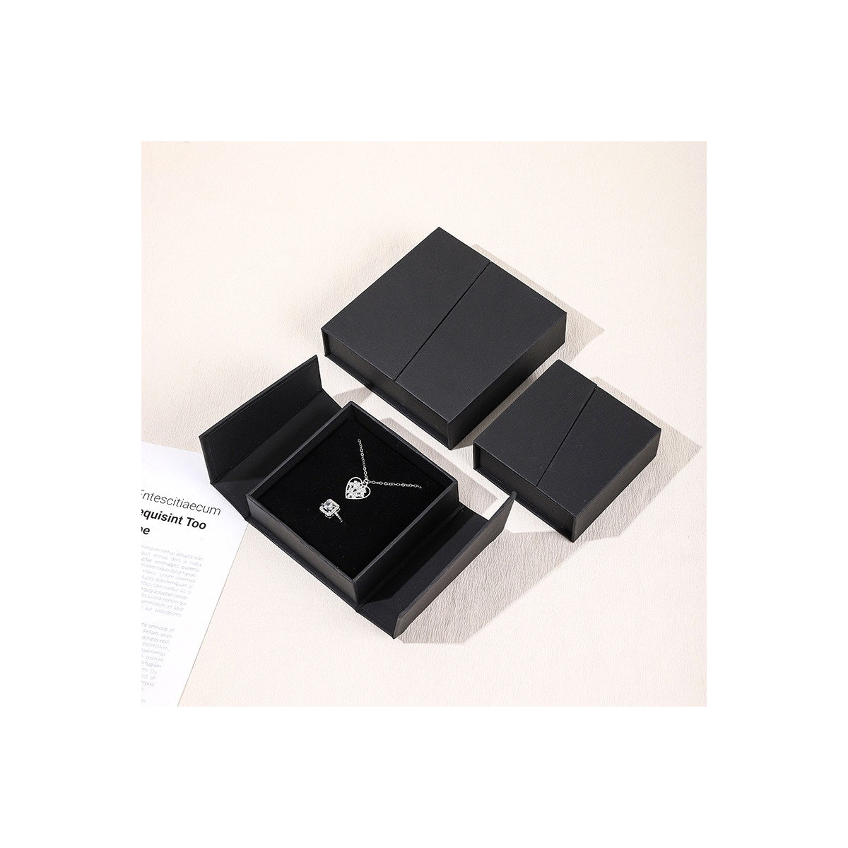 Black double-opening magnetic jewelry boxes in three verified sizes