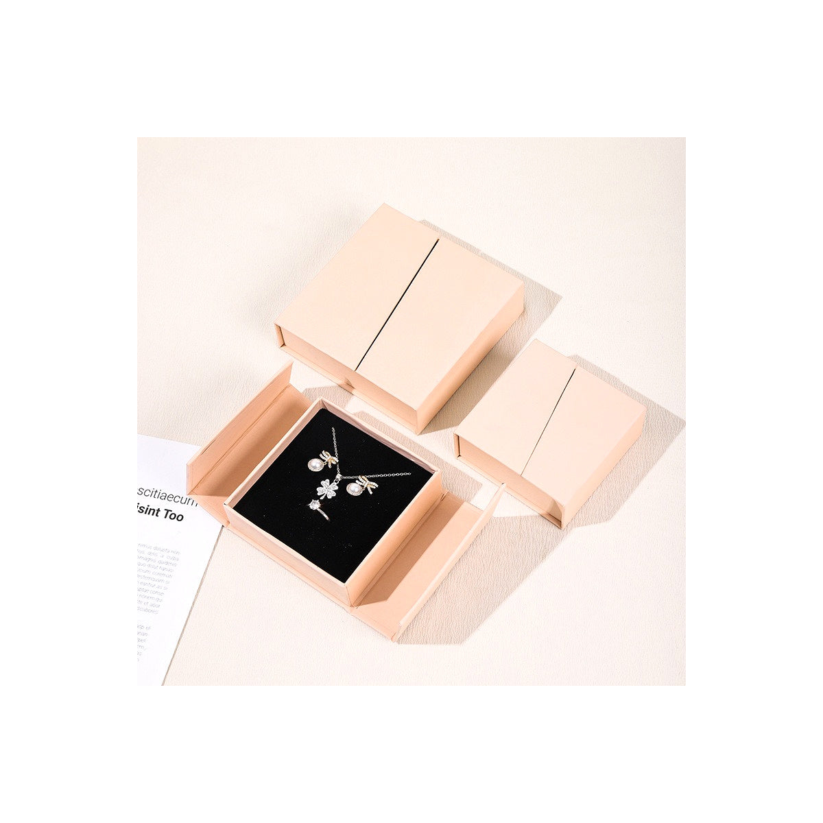 Blush Pink double-opening magnetic jewelry boxes in three verified sizes