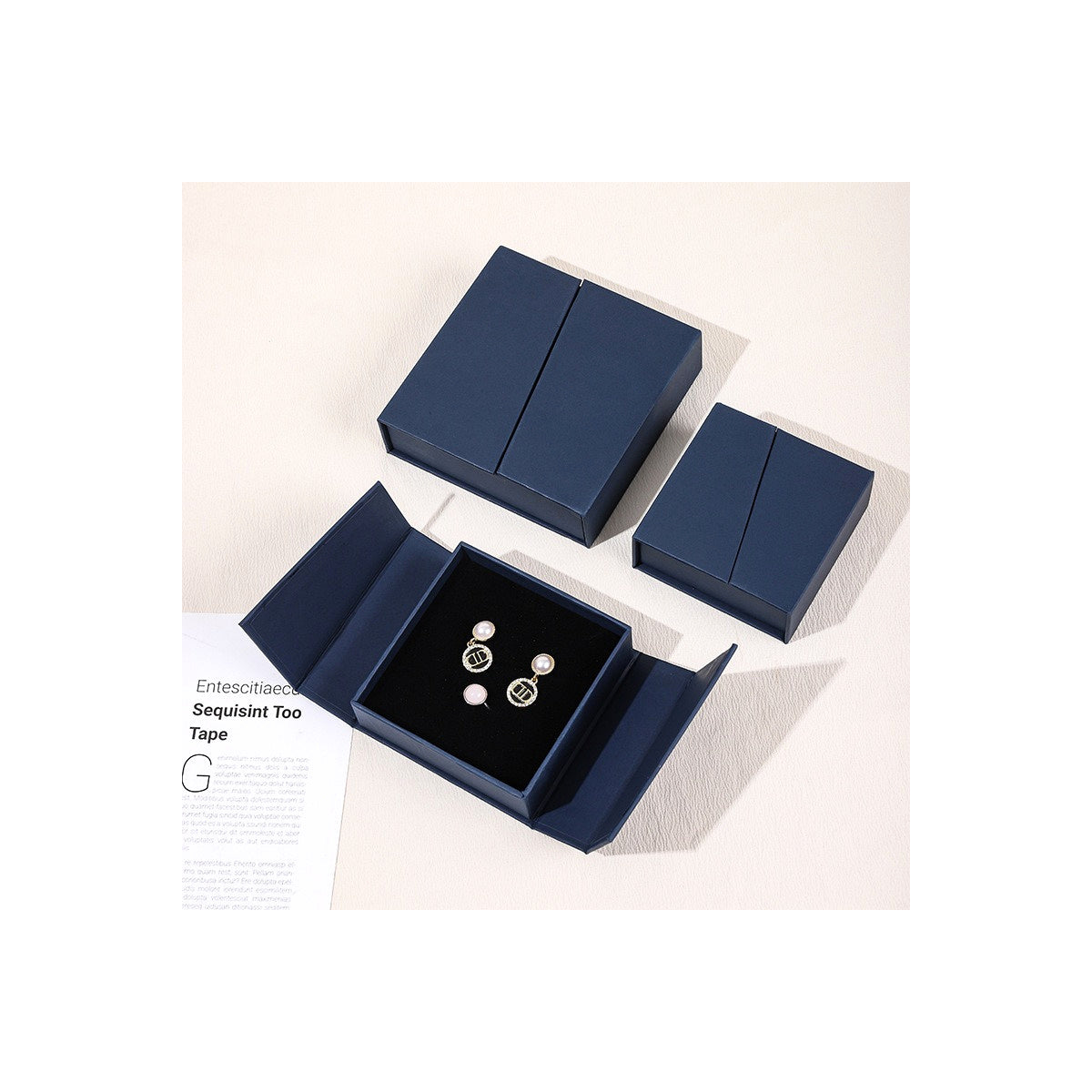 Navy Blue double-opening magnetic jewelry boxes in three verified sizes