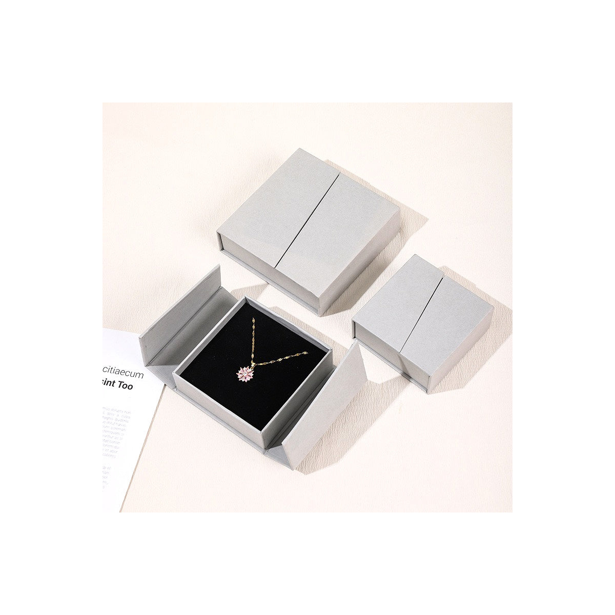 Silver Gray double-opening magnetic jewelry boxes in three verified sizes