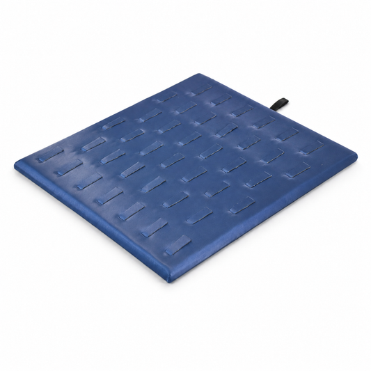 Angled blue ring presentation board with 39 individual tabs and side pull loop