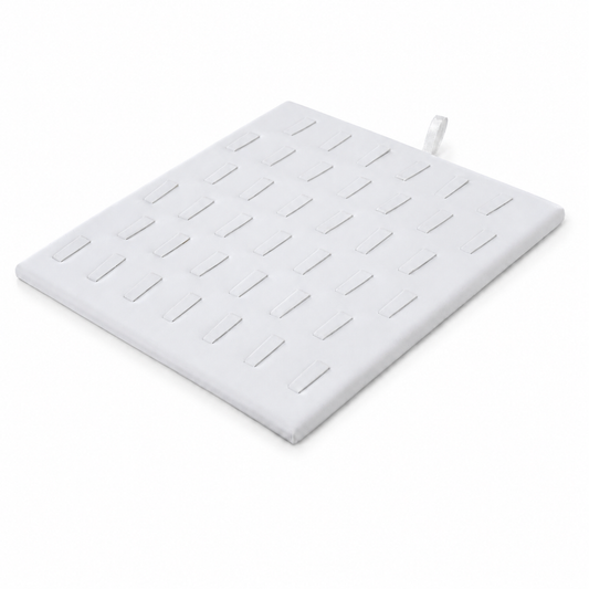 Angled white padded ring display pad with individual tabs and pull loop