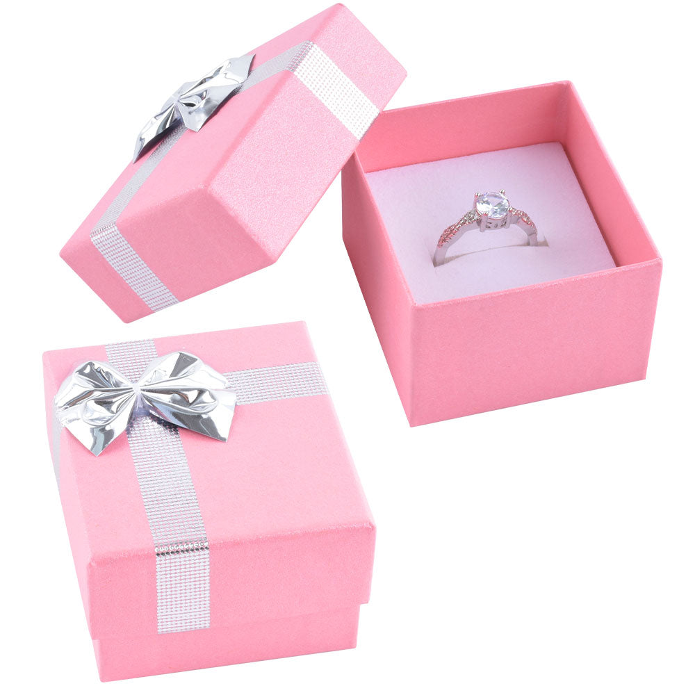 Pink Ring Box with Shiny Silver Bow Tie