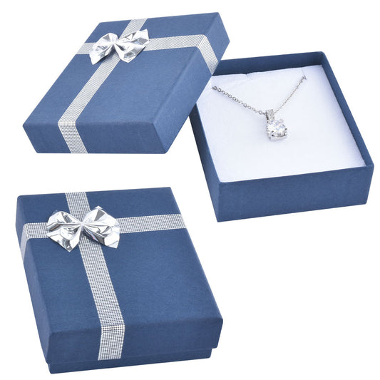 Blue Pendant Earring Boxes with Shiny Silver Bow Tie