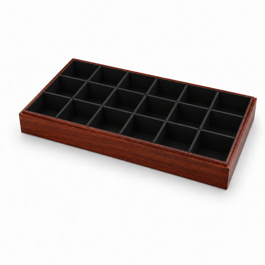 Black 18-compartment wooden watch display tray with brown wood frame