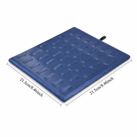Blue 39-slot square ring display pad measuring 21.5 by 21.5 cm