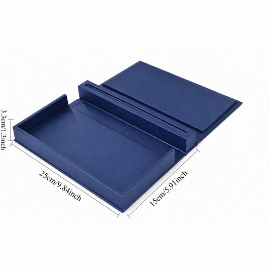 Blue jewelry showcase tray measuring 25 × 15 × 3.3 cm