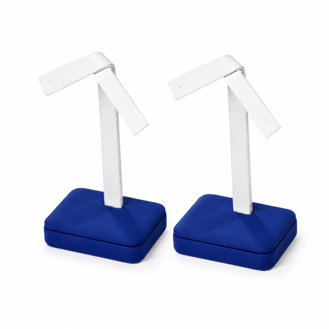 Pair of blue and white R-shaped earring display stands for retail showcases