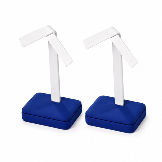 Pair of blue and white R-shaped earring display stands for retail showcases