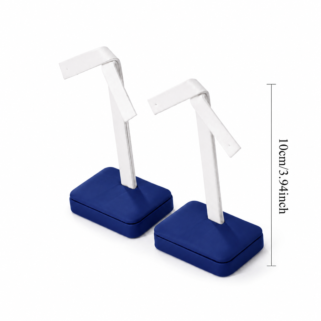 Angled view of blue base R-shaped earring holder with white padded support