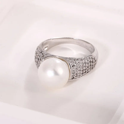 Wide 925 Sterling Silver Big Pearl Ladies Female Engagement Wedding Ring with Diamonds