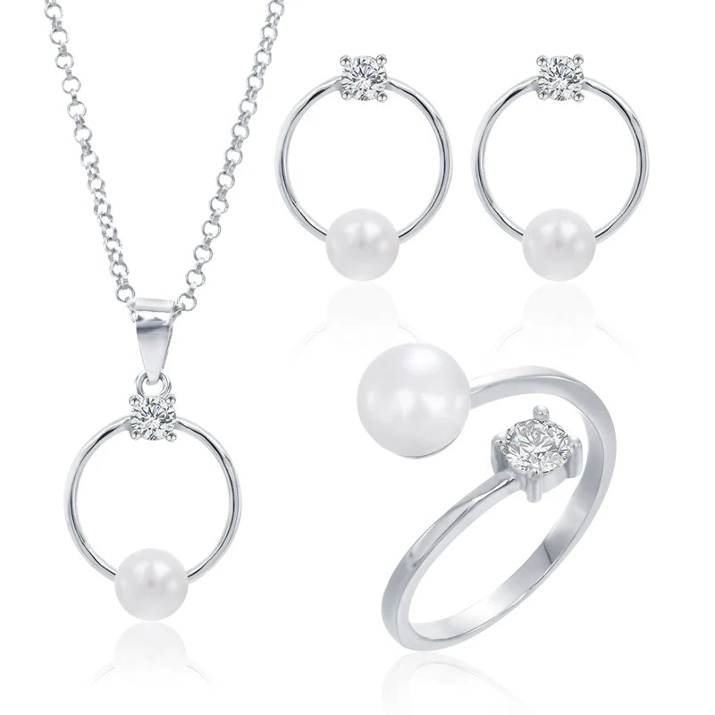 Fashionable 925 silver jewelry set, pearl jewelry, earrings, rings, necklaces, perfect for various occasions such as weddings.