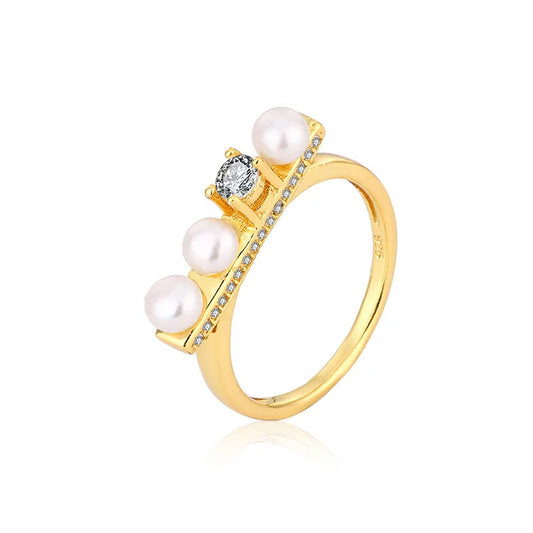 Ladies diamond gold plated sterling silver ring wedding ring with three pearls for women