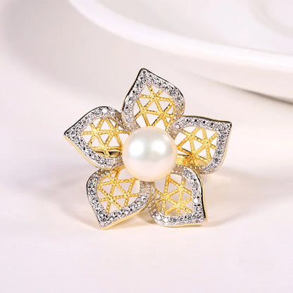 14k 18k Gold plated sterling silver pearl flower wedding engagement ring for ladies women