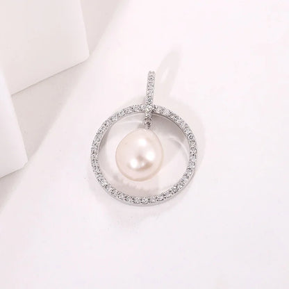 Women single freshwater pearl silver circle round necklace pendant for chains