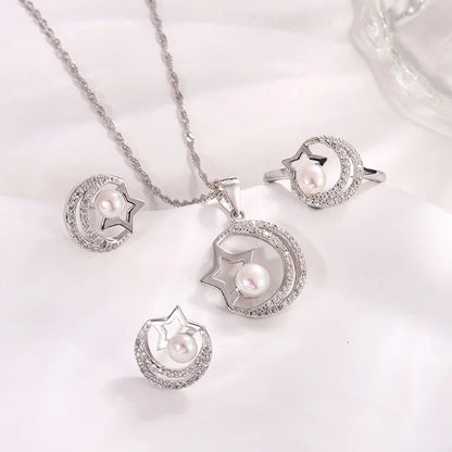 Women luxury fine jewelry gift 925 silver ring moon star pearl pendant necklace earrings set