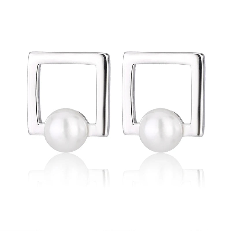 Fashion jewelry 925 sterling silver real pearl women square stud earrings with freshwater pearl for women