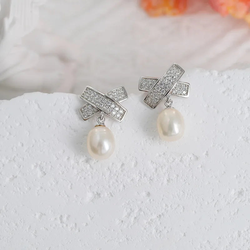 2024 Fashion Women Jewelry 925 Silver Two Pearl Water Drop Rice Pearl Drop Stud Earrings Rhodium-Plated Pearl Earrings