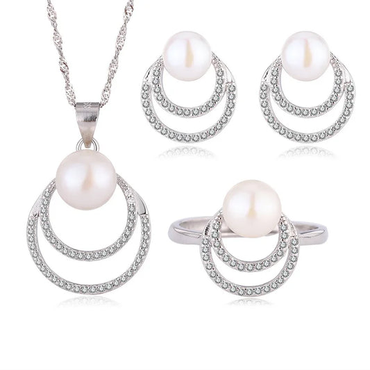 Wholesale fashion silver pearl ring earrings and necklace pendant jewelry set