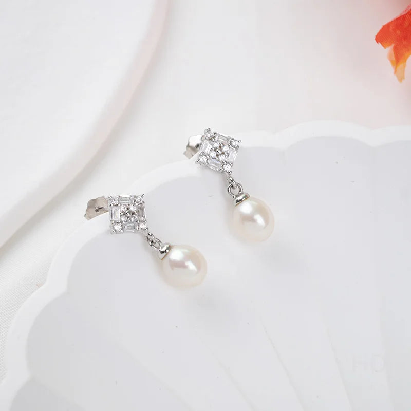 luxury 925 Silver Freshwater pearl earring ladies fashion drop pendant earrings Rhodium Plated  Engagement Women  Stud Earrings