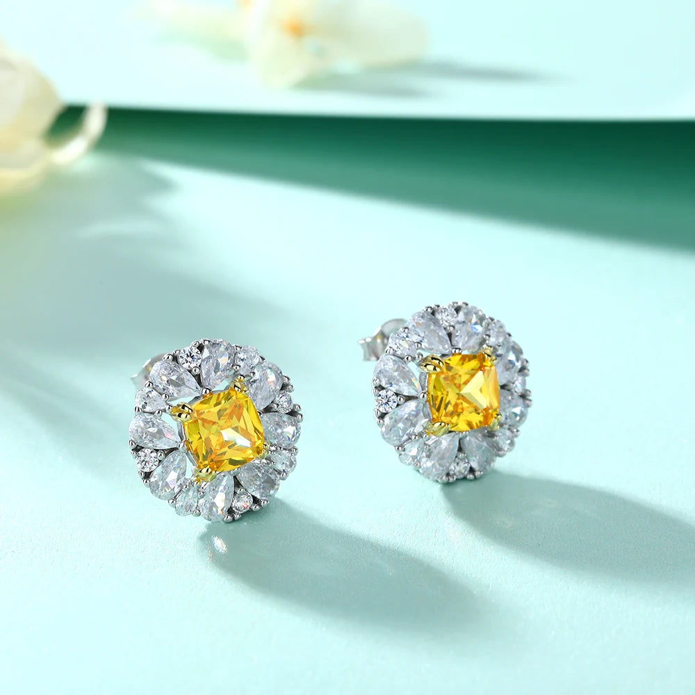 Luxury Fancy Colored Yellow Zirconia Studs Jewelry White Gold Plated Pure Silver Earrings