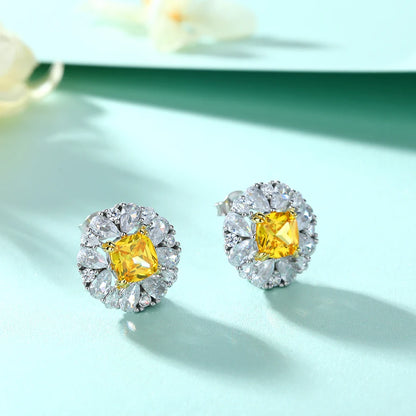 Luxury Fancy Colored Yellow Zirconia Studs Jewelry White Gold Plated Pure Silver Earrings