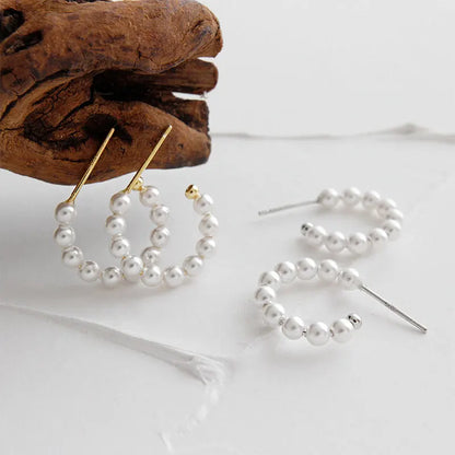 Simple geometric circular shell beads 925 sterling silver beaded pearl hoop earrings