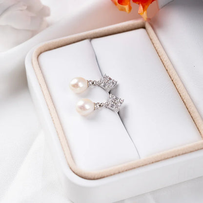 luxury 925 Silver Freshwater pearl earring ladies fashion drop pendant earrings Rhodium Plated  Engagement Women  Stud Earrings